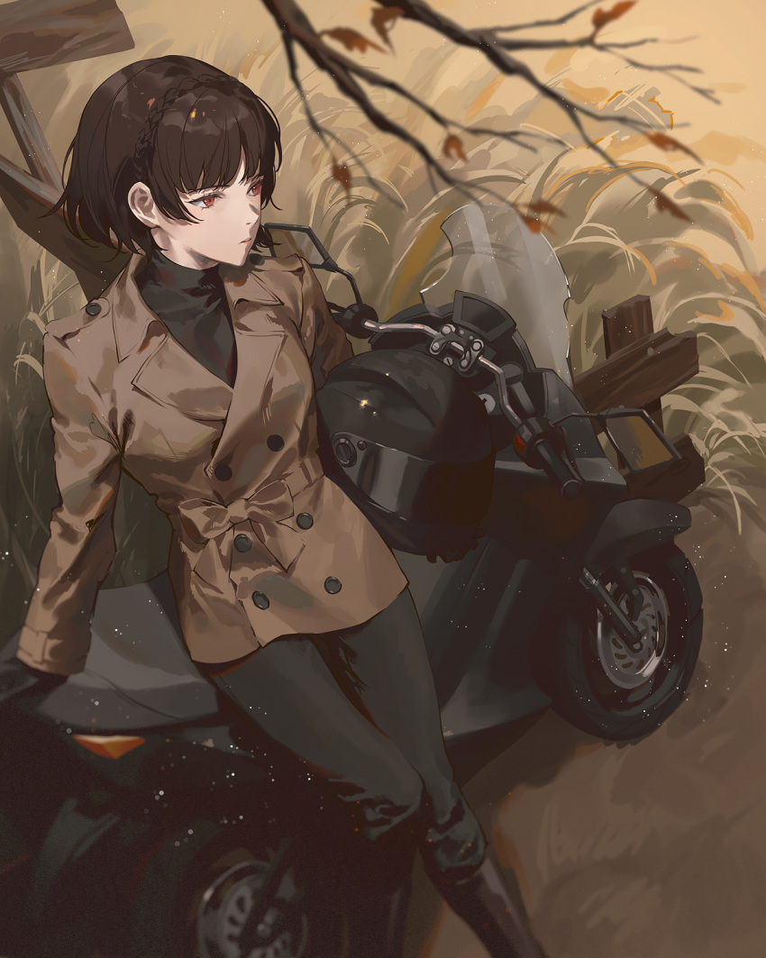 1girl alternate_costume black_gloves black_pants black_shirt boots braid branch brown_hair brown_jacket buttons closed_mouth crown_braid fajyobore feet_out_of_frame from_above gloves grass ground_vehicle helmet highres holding holding_helmet jacket leaning_on_object looking_ahead motor_vehicle motorcycle motorcycle_helmet niijima_makoto outdoors pants persona persona_5 red_eyes shirt short_hair solo