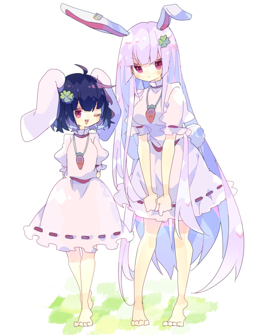 2girls :&lt; ;&gt; alternate_costume animal_ears bangs barefoot black_hair blush carrot_necklace clover clover_hair_ornament commentary cosplay dress earclip embarrassed four-leaf_clover four-leaf_clover_hair_ornament full_body hair_ornament highres inaba_tewi inaba_tewi_(cosplay) long_hair looking_at_viewer matching_outfit multiple_girls nikorashi-ka open_mouth pink_dress pink_eyes pink_hair puffy_short_sleeves puffy_sleeves rabbit_ears rabbit_girl rabbit_tail reisen_udongein_inaba ribbon-trimmed_dress sash short_hair short_sleeves tail touhou very_long_hair