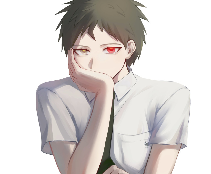 1boy badge bangs breast_pocket brown_eyes brown_hair chenniiiii collared_shirt covering_mouth danganronpa_(series) danganronpa_2:_goodbye_despair green_necktie grey_background hand_over_own_mouth heterochromia highres hinata_hajime male_focus necktie pocket red_eyes shirt short_hair simple_background solo symbol-only_commentary upper_body