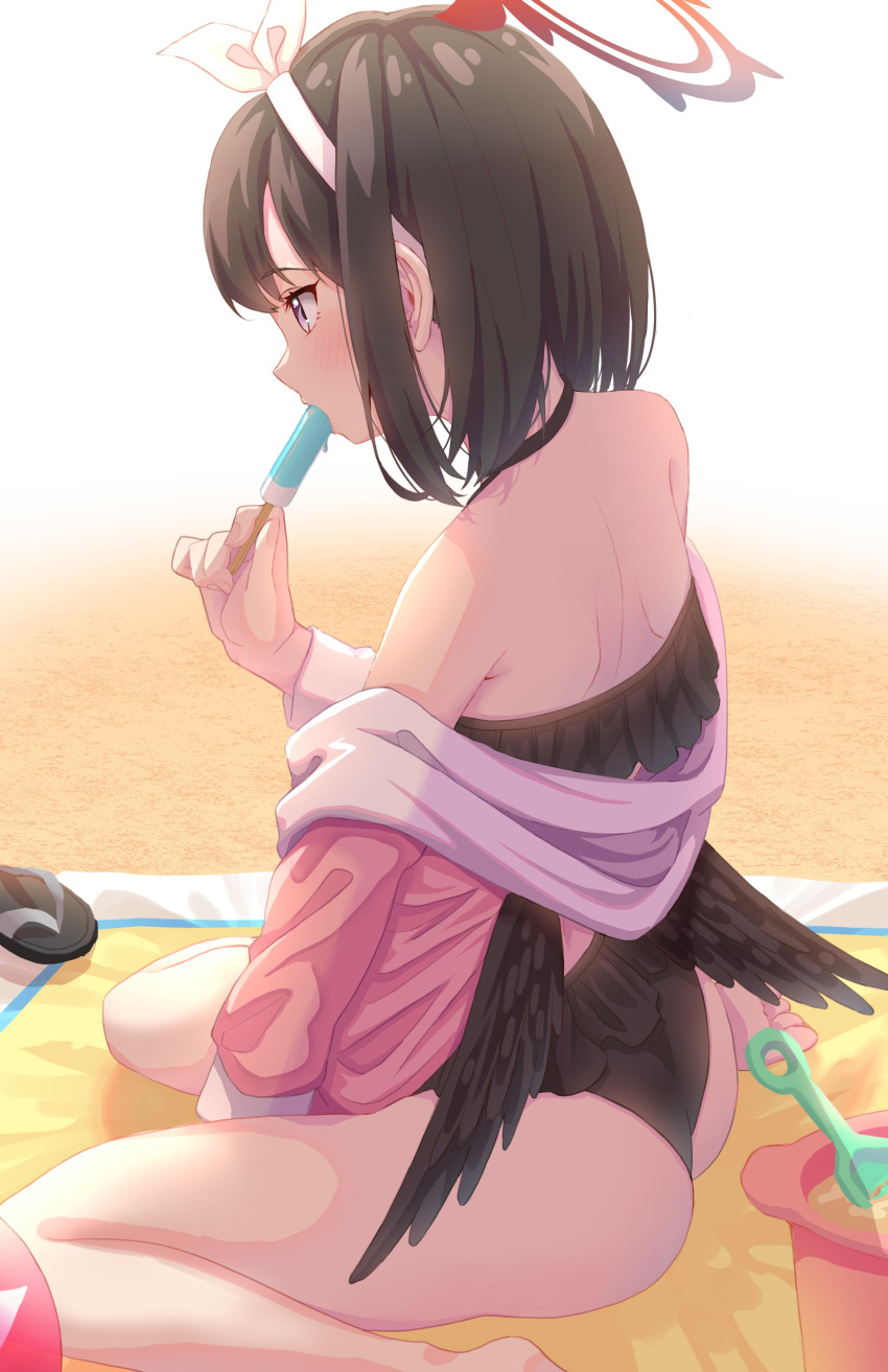 1girl absurdres beach bikini black_hair black_swimsuit black_wings blue_archive bucket eating food food_in_mouth frilled_bikini frills from_side headband highres holding holding_food jacket low_wings mashiro_(blue_archive) melting off_shoulder outdoors pink_jacket popsicle popsicle_in_mouth sand sand_bucket sandals sandals_removed short_hair shoulder_blades sitting solo swimsuit take-run-atelier violet_eyes wariza white_headband wings