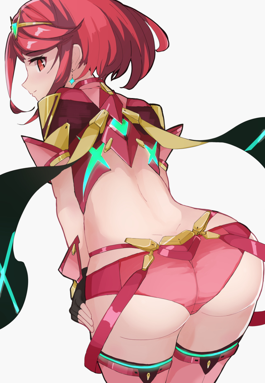 1girl ass back bangs black_gloves butt_crack closed_mouth dangle_earrings dimples_of_venus earrings eyebrows_visible_through_hair fingerless_gloves from_behind gloves headpiece highres jewelry kitami_tsuzuka leaning_forward looking_at_viewer looking_back pyra_(xenoblade) red_eyes redhead short_hair simple_background super_smash_bros. swept_bangs thigh-highs thighs tiara white_background xenoblade_chronicles_(series) xenoblade_chronicles_2