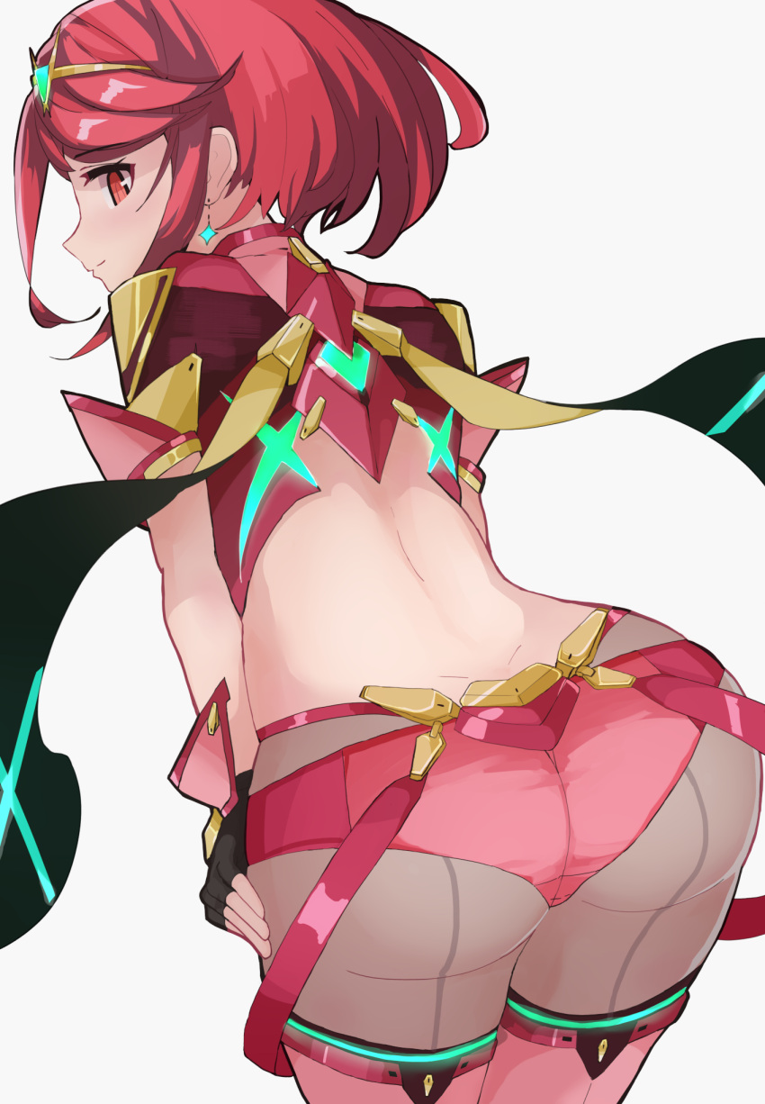1girl ass back bangs black_gloves butt_crack closed_mouth dangle_earrings dimples_of_venus earrings eyebrows_visible_through_hair fingerless_gloves from_behind gloves headpiece highres jewelry kitami_tsuzuka leaning_forward looking_at_viewer looking_back pantyhose pyra_(xenoblade) red_eyes redhead short_hair simple_background smile solo super_smash_bros. swept_bangs thigh-highs thighs white_background xenoblade_chronicles_(series) xenoblade_chronicles_2