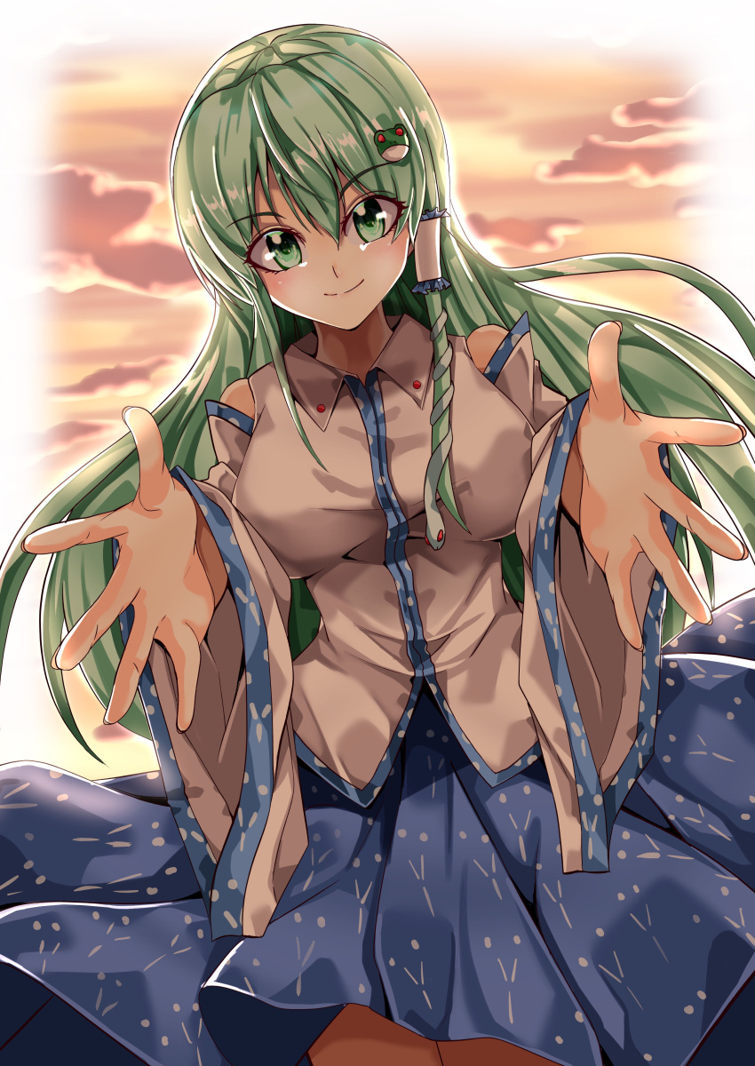 1girl absurdres blue_skirt breasts collared_shirt commentary_request cowboy_shot detached_wings eyebrows_visible_through_hair frog_hair_ornament green_eyes grey_hair hair_between_eyes hair_ornament hair_tubes highres kochiya_sanae large_breasts long_hair maboroshi_mochi outdoors outstretched_arms outstretched_hand shirt skirt sleeveless sleeveless_shirt snake_hair_ornament solo touhou twilight white_shirt wide_sleeves wings