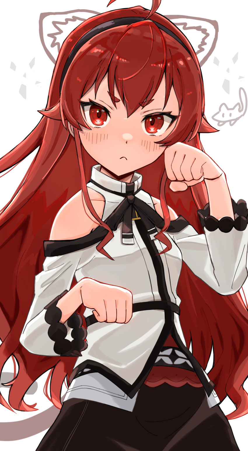 1girl :&lt; absurdres ahoge amamoru_21 belt breasts collarbone commentary_request eris_greyrat hair_between_eyes headband highres looking_at_viewer mushoku_tensei paw_pose red_eyes redhead simple_background small_breasts solo white_background