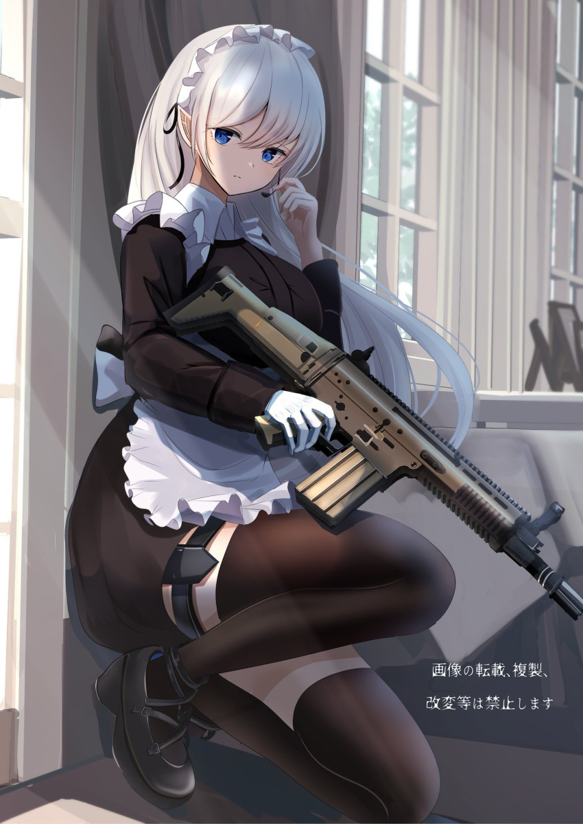 1girl against_wall apron black_dress black_footwear black_legwear blue_eyes breasts closed_mouth dress elf eyebrows_behind_hair frilled_apron frills gloves gun headset highres holding holding_gun holding_weapon indoors large_breasts long_hair looking_at_viewer maid maid_headdress one_knee original pointy_ears shoes solo thigh-highs thigh_strap tokiwa_sylbe translation_request very_long_hair weapon weapon_request white_apron white_gloves white_hair window zettai_ryouiki