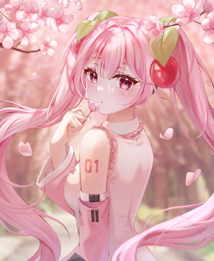 1girl bangs blurry blurry_background cherry_blossoms cherry_hair_ornament commentary detached_sleeves floating_hair flower food-themed_hair_ornament hair_between_eyes hair_intakes hair_ornament hatsune_miku highres holding holding_flower hyerang long_hair long_sleeves looking_at_viewer looking_back number_tattoo petals pink_eyes pink_flower pink_hair pink_sleeves sakura_miku solo tattoo twintails upper_body vocaloid wide_sleeves