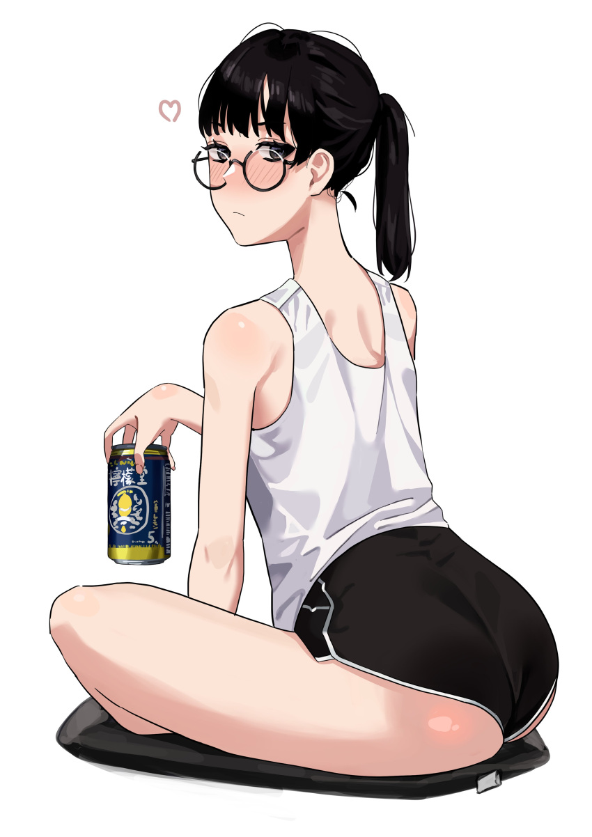 1girl absurdres alcohol ass bangs bare_shoulders beer beer_can black_eyes black_hair black_shorts blush can commentary_request fffukuzawa from_behind glasses heart highres holding holding_can lone_nape_hair looking_at_viewer medium_hair on_pillow original ponytail round_eyewear short_shorts shorts shoulder_blades simple_background sitting solo tank_top thighs white_background white_tank_top