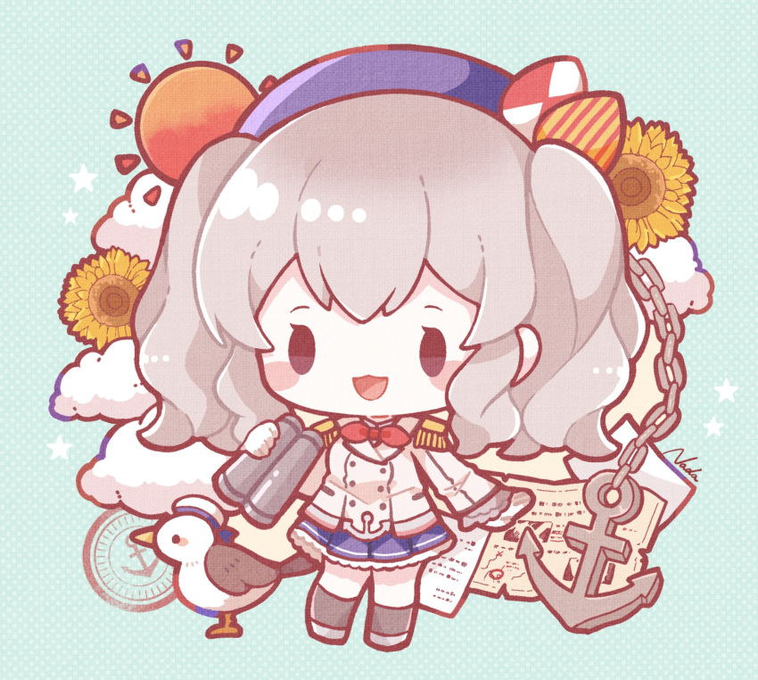 1girl :3 anchor animal bangs beret binoculars bird breasts chain chibi clothed_animal clouds epaulettes flower grey_hair hat highres holding holding_binoculars jacket kantai_collection kashima_(kancolle) long_hair military military_uniform nada_namie open_mouth paper seagull simple_background skirt star_(symbol) sun sunflower twintails uniform wavy_hair yellow_flower