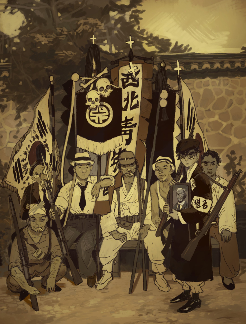6+boys absurdres armband banner bayonet beard beret brown_theme closed_mouth collared_shirt copyright_request facial_hair fedora flag frown glasses gun hat highres holding holding_gun holding_weapon long_sleeves looking_at_viewer male_focus monochrome mossacannibalis mouth_hold multiple_boys necktie outdoors pants photo portrait_(object) real_life rifle sepia shirt shoes sitting skull south_korean_flag squatting syngman_rhee weapon wing_collar