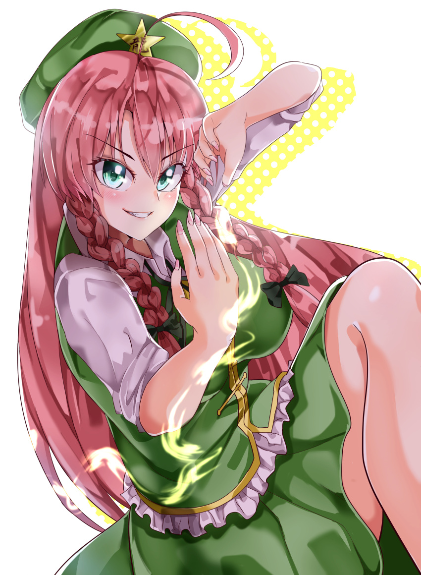 1girl absurdres beret braid breasts collared_shirt commentary_request cowboy_shot eyebrows_visible_through_hair fighting_stance green_eyes green_headwear green_skirt green_vest hair_between_eyes hat hat_ornament highres hong_meiling large_breasts long_hair looking_at_viewer maboroshi_mochi nail_polish pink_nails polka_dot polka_dot_background redhead shirt simple_background skirt sleeves_rolled_up solo star_(symbol) star_hat_ornament teeth thighs touhou twin_braids v-shaped_eyebrows very_long_hair vest white_background white_shirt yellow_background