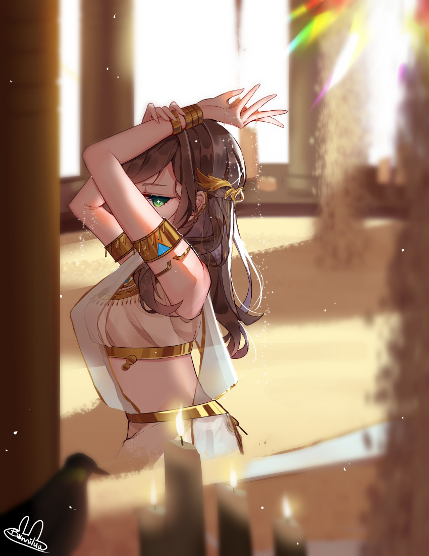 1girl absurdres arms_up bangs bare_shoulders bracelet brown_hair bunniluudraws candle egyptian egyptian_clothes green_eyes hair_ornament highres jewelry long_hair looking_at_viewer rosa_(tears_of_themis) shadow signature solo tears_of_themis