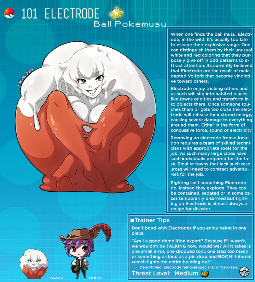 1boy 1girl artist_name ball character_name character_profile character_sheet colored_skin electrode_(pokemon) english_commentary english_text hat_feather highres kinkymation monster_girl personification poke_ball poke_ball_(basic) pokemon purple_hair red_skin slime_(substance) white_skin