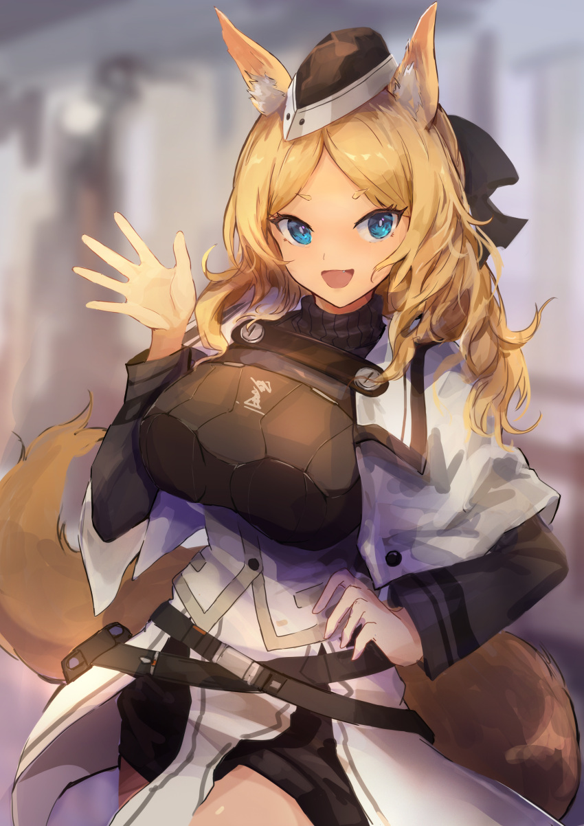 1girl :d absurdres animal_ears arknights armor bangs belt black_headwear black_shorts blonde_hair blue_eyes blurry blurry_background blush breastplate breasts capelet cowboy_shot depth_of_field fang garrison_cap hand_on_hip hat highres horse_ears horse_girl horse_tail large_breasts long_hair long_sleeves open_mouth parted_bangs short_shorts shorts smile solo tail trrcmb underbust v-shaped_eyebrows waving whislash_(arknights) white_capelet