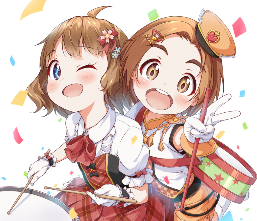 2girls ahoge bangs blue_eyes blush bow bowtie brown_hair collared_shirt commentary_request confetti denim dress drum drumsticks eyebrows_visible_through_hair gloves hair_ornament hairclip hat head_tilt idolmaster idolmaster_cinderella_girls idolmaster_million_live! instrument jeans kneehighs looking_at_viewer multiple_girls one_eye_closed open_mouth pants plaid plaid_dress red_dress ryuzaki_kaoru shirt short_sleeves sleeveless sleeveless_shirt suou_momoko toma_(shinozaki) white_background white_legwear yellow_eyes