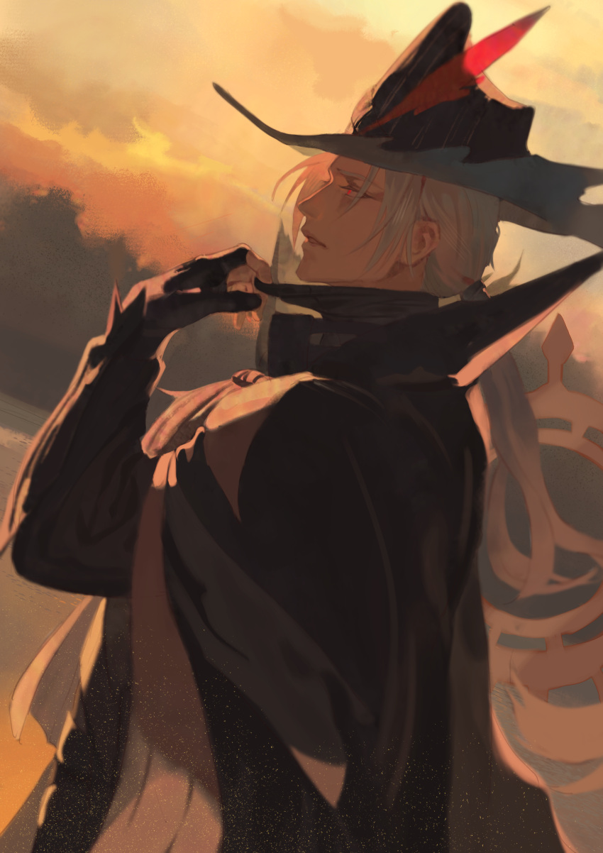 1boy absurdres adjusting_mask arknights black_cloak black_gloves black_headwear cloak feathers from_side gloves highres long_hair looking_at_viewer male_focus mask mask_pull mouth_mask red_eyes shanguisantai solo sunset ulpianus_(arknights) upper_body white_hair