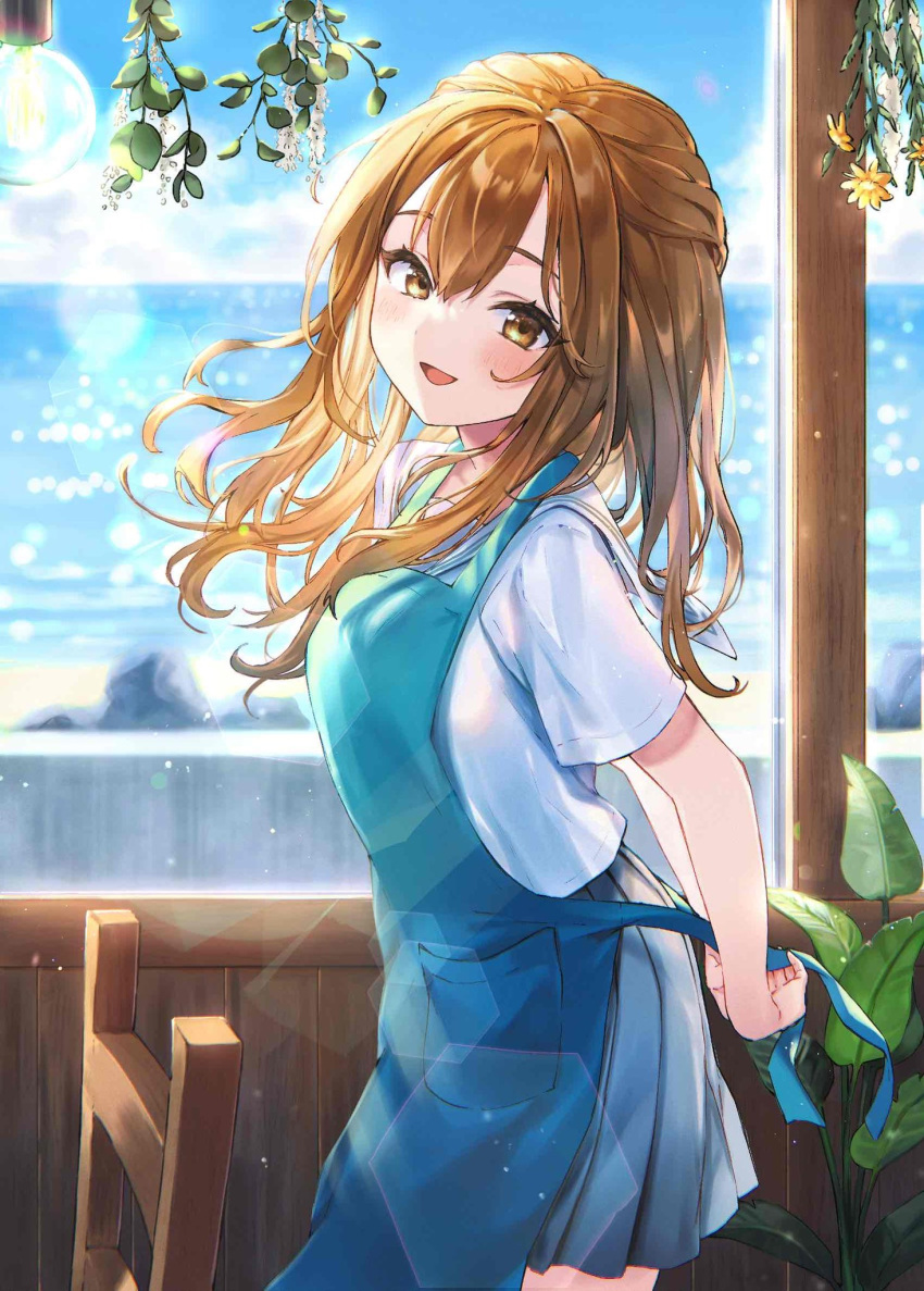 1girl apron arms_behind_back bangs breasts brown_eyes brown_hair copyright_request cowboy_shot day highres horizon light_blush long_hair looking_at_viewer mistletoe nekoyashiki_pushio ocean open_mouth plant pleated_skirt shirt short_sleeves skirt small_breasts smile solo white_shirt wooden_chair