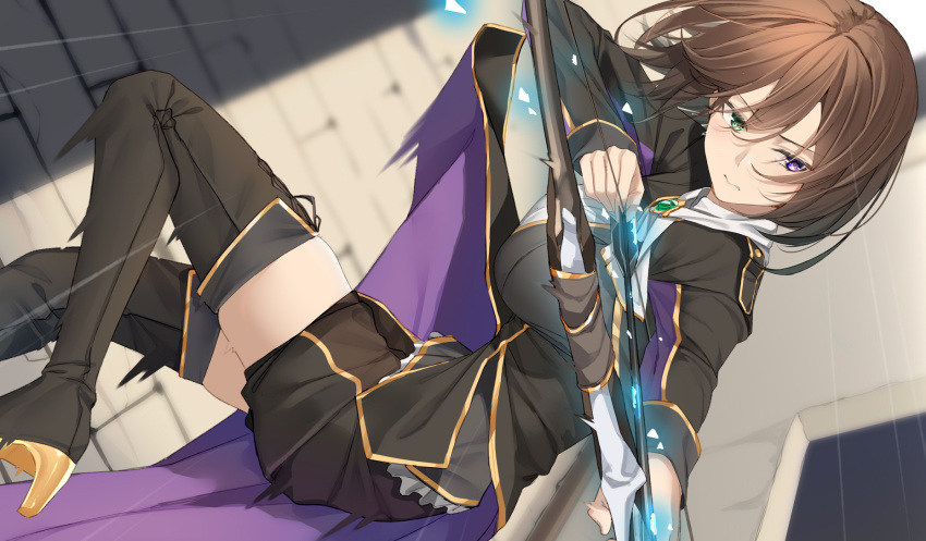 1girl arrow_(projectile) boots bow_(weapon) breasts brown_hair cape green_eyes heterochromia highres large_breasts long_sleeves original pallad short_hair shorts solo thigh-highs thigh_boots violet_eyes weapon