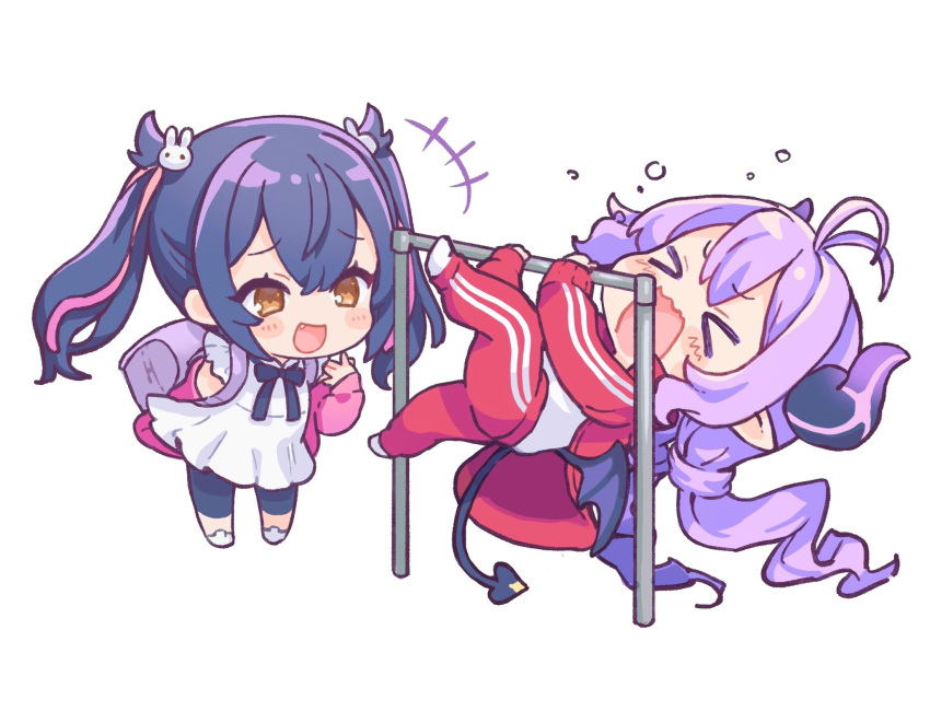 2girls backpack bag bangs brown_eyes chibi commentary_request dark_blue_hair demon_girl demon_horns demon_tail highres horns inko_(succubus_to_neet) jacket long_hair multiple_girls nekoyashiki_pushio open_mouth pants pink_jacket pointy_ears purple_bag purple_hair randoseru red_pants red_track_suit shirt simple_background succubus_to_neet tail track_jacket track_pants track_suit twintails white_background white_shirt