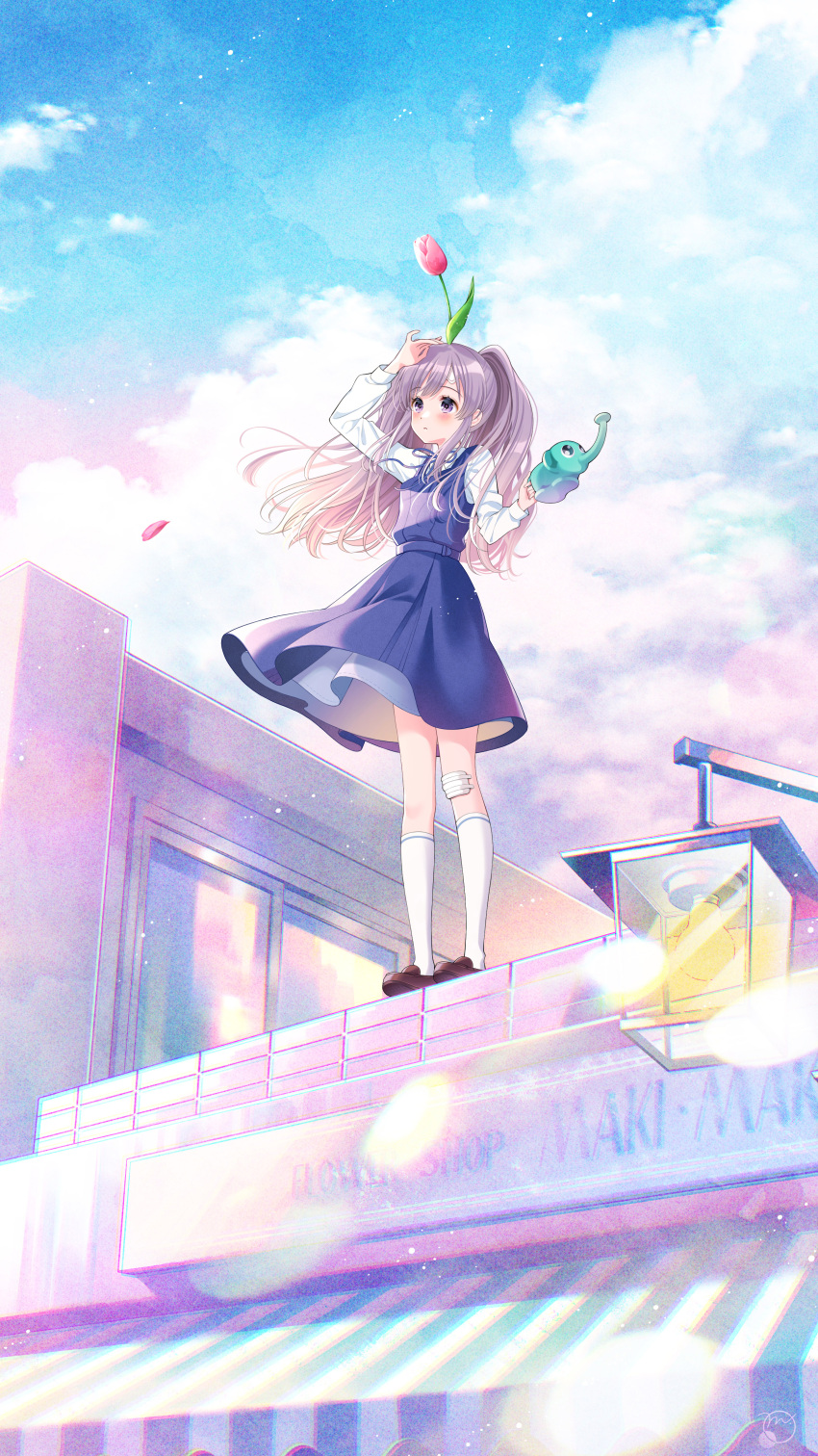1girl absurdres bandaged_leg bandages bandaid bandaid_on_face bandaid_on_forehead blue_dress blush brown_footwear bubbles_m dress flower flower_on_head full_body grey_hair highres holding holding_watering_can idolmaster idolmaster_shiny_colors kneehighs lamppost ledge loafers long_hair long_sleeves outdoors pinafore_dress rooftop shoes sky solo standing storefront twintails violet_eyes watering_can white_legwear wind wind_lift yukoku_kiriko