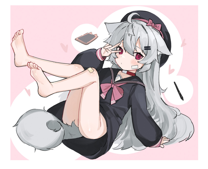 1girl absurdres animal_ears bandaid bandaid_on_knee bandaid_on_leg barefoot black_serafuku bottomless collar fenrir_(fenriluuu) grey_hair hat highres long_hair original red_eyes rir-chan school_uniform serafuku sketch tail v very_long_hair wolf_ears wolf_girl wolf_tail