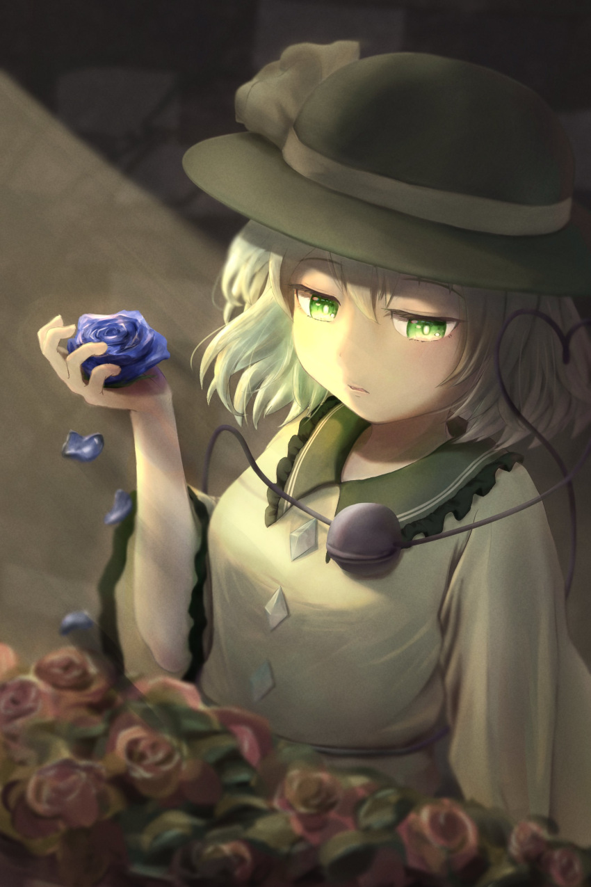 1girl absurdres black_headwear blouse blue_flower blue_rose bright_pupils buttons commentary diamond_button flower frilled_shirt_collar frilled_sleeves frills green_hair hair_between_eyes hand_up hat hat_ribbon heart heart_of_string highres holding holding_flower komeiji_koishi lerk_puzz light_rays long_sleeves looking_down medium_hair parted_lips petals pink_eyes red_flower red_rose ribbon rose rose_petals shirt sidelighting solo third_eye touhou upper_body white_pupils wide_sleeves yellow_ribbon yellow_shirt