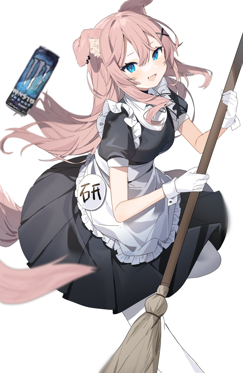 1girl absurdres animal_ear_fluff animal_ears apron blue_eyes blurry blurry_foreground blush broom can dog_ears dog_girl dog_tail earrings energy_drink frilled_apron frills gloves grey_background hair_between_eyes hair_ornament highres holding holding_broom inu_(puputizy) jewelry long_hair maid maid_apron monster_energy open_mouth original pink_hair simple_background smile solo tail white_gloves white_legwear x_hair_ornament