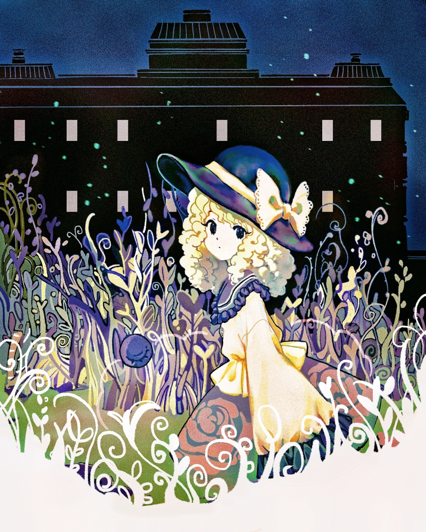 1girl :/ black_eyes black_headwear blouse bow closed_mouth cowboy_shot eyebrows_behind_hair floral_print frilled_shirt_collar frilled_sleeves frills from_side hat hat_bow highres komeiji_koishi light_green_hair long_sleeves looking_at_viewer looking_to_the_side mansion pink_skirt plant rinne030 rose_print shirt skirt solo symbol-only_commentary third_eye touhou wavy_hair wide_sleeves yellow_bow yellow_shirt