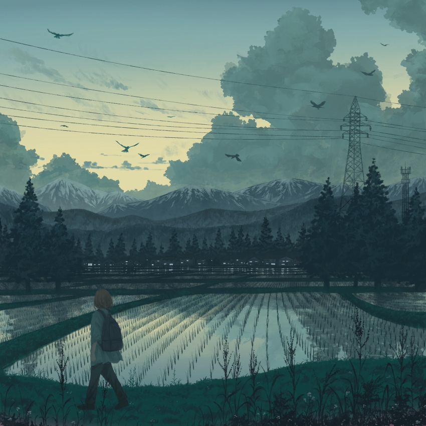 1girl bag bird blonde_hair blouse clouds cloudy_sky gensuke_(ryun) green_shirt highres mountain original plant rice_paddy scenery shirt short_hair sky transmission_tower tree water