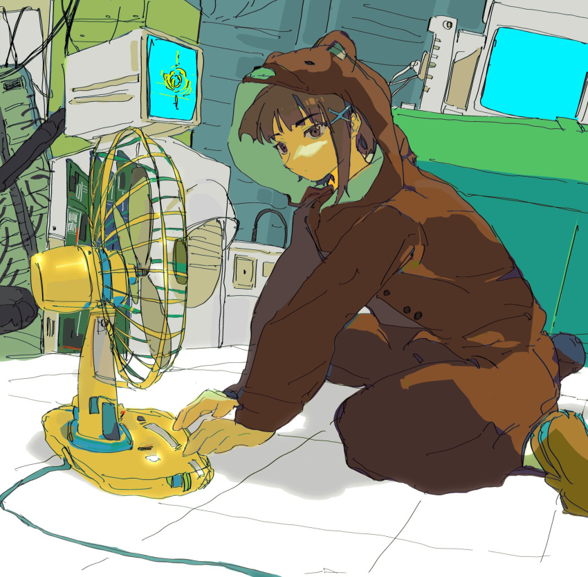 1girl animal_costume asymmetrical_hair bear_costume brown_eyes brown_footwear brown_hair cable cloudyooooo computer electric_fan hair_ornament hairclip highres iwakura_lain monitor multiple_monitors serial_experiments_lain short_hair single_sidelock solo x_hair_ornament