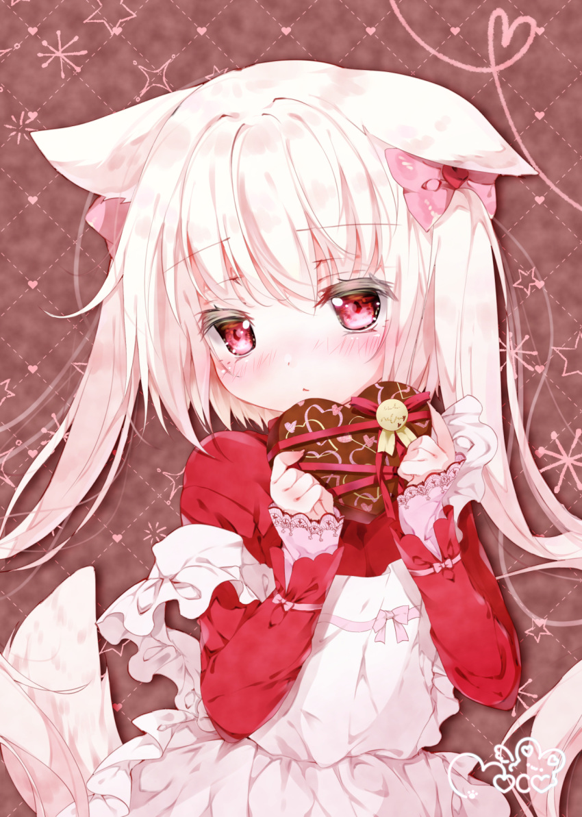 1girl animal_ears bow box dress ears_down fox_ears fox_girl fox_tail hair_bow heart-shaped_box highres moco_ofuton off_shoulder original pinafore_dress red_eyes shirt short_hair_with_long_locks sleeveless sleeveless_dress tail valentine white_dress white_hair