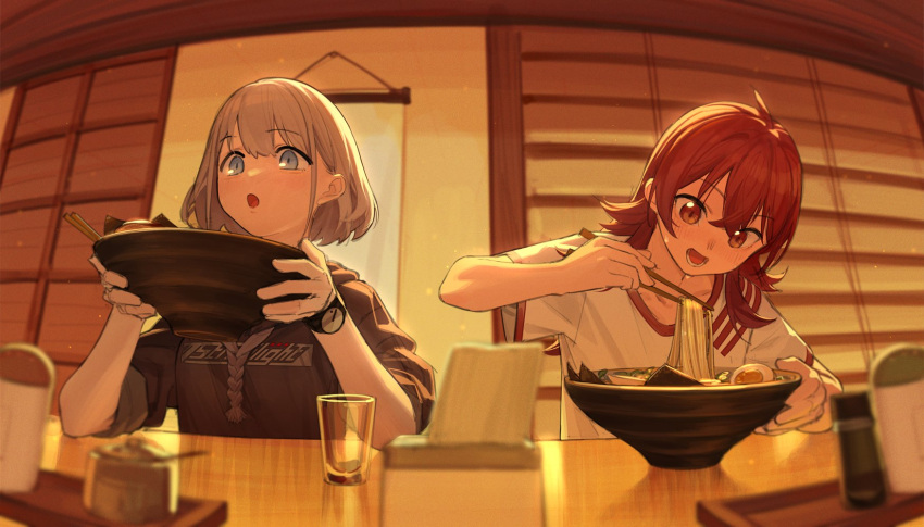 2girls :o blurry blurry_foreground bowl chopsticks depth_of_field eating food grey_hair highres holding holding_bowl holding_chopsticks idolmaster idolmaster_shiny_colors indoors komiya_kaho looking_at_food multiple_girls noodles ramen redhead restaurant serizawa_asahi sweatdrop upper_body watch watch zhili_xingzou