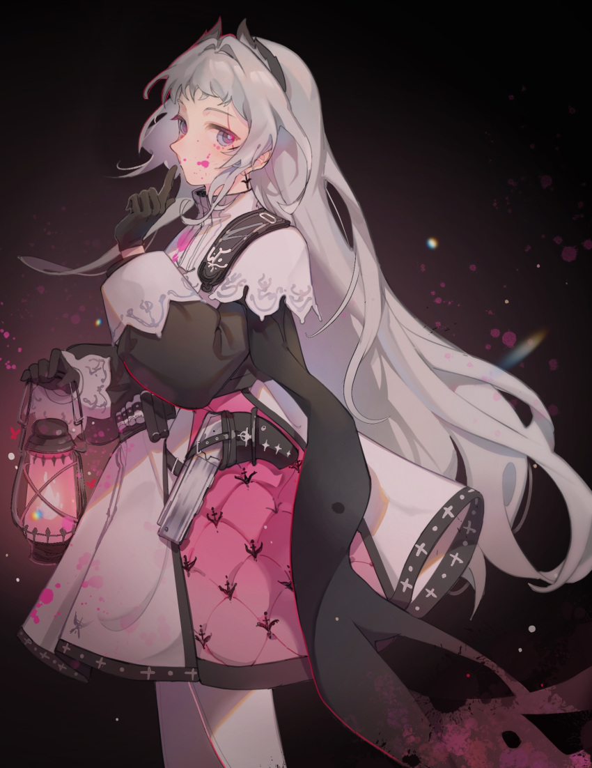 1girl arknights black_background black_gloves blood blood_on_face capelet cowboy_shot earrings finger_to_mouth gloves gradient gradient_background gun head_wings high-waist_skirt highres holding holding_lantern index_finger_raised irene_(arknights) jewelry lantern long_hair long_sleeves looking_at_viewer pantyhose pink_skirt puffy_long_sleeves puffy_sleeves scar scar_across_eye scar_on_face shushing skirt solo very_long_hair weapon white_capelet white_hair white_legwear white_skirt
