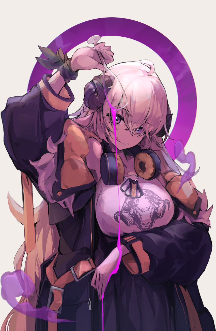 1girl :q absurdres bangs black_coat blonde_hair breasts closed_mouth coat cup dog_tags drinking_glass eyebrows_visible_through_hair hair_between_eyes headphones headphones_around_neck high-waist_skirt highres holding holding_cup hololive horns large_breasts long_hair long_sleeves looking_at_viewer multicolored_hair open_clothes open_coat pink_hair pouring pouring_onto_self print_shirt puffy_long_sleeves puffy_sleeves sheep_girl sheep_horns shirt simple_background skirt solo tongue tongue_out tsumeki tsunomaki_watame very_long_hair violet_eyes virtual_youtuber white_background