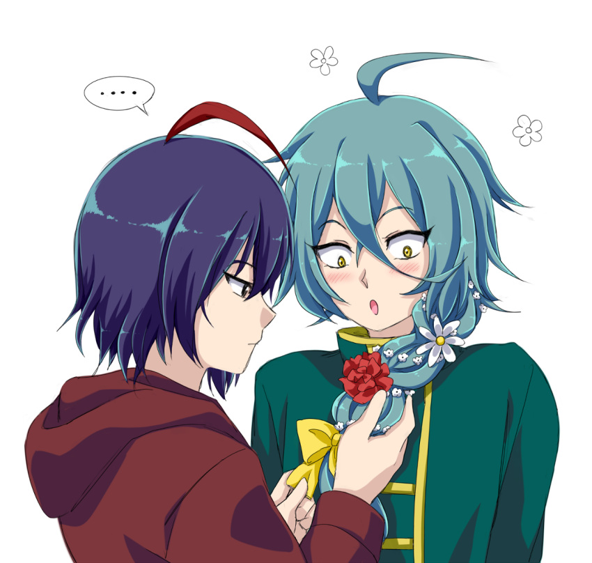 ... 2boys :o ahoge aqua_hair ashe_bradley black_eyes blue_hair blush bow braid brown_hoodie closed_mouth expressionless flower flower_(symbol) from_side green_shirt hair_between_eyes hair_bow hair_flower hair_ornament holding_another's_hair hood hoodie looking_down male_focus moon-realm multicolored_hair multiple_boys red_flower redhead sanpaku shirt short_hair single_braid spoken_ellipsis streaked_hair upper_body white_background white_flower wilardo_adler witch's_heart yellow_bow yellow_eyes