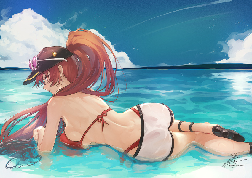 1girl ass baseball_cap bikini bikini_under_clothes blue_sky breasts clouds dolphin_shorts eyewear_on_headwear fadingz from_behind hat high_heels hololive houshou_marine large_breasts long_hair looking_at_viewer looking_back lying on_side outdoors ponytail red_bikini red_eyes redhead shorts sky solo strap_gap sunglasses swimsuit virtual_youtuber water wet wet_hair white_shorts