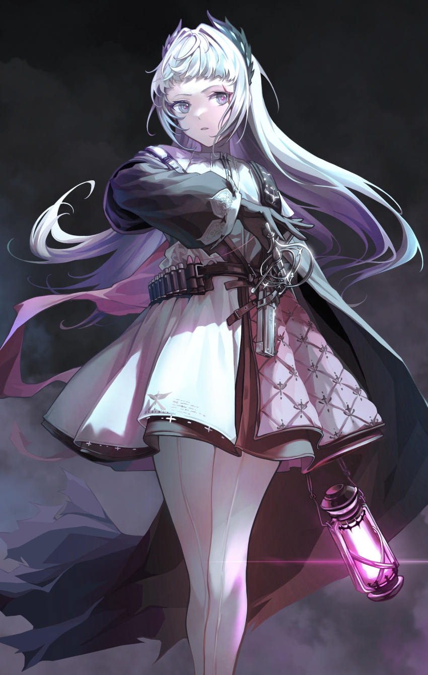 1girl absurdres arknights belt black_background black_cape black_gloves black_jacket cape capelet feet_out_of_frame front-seamed_legwear gloves gradient_hair grey_eyes grey_hair gun hand_on_sheath head_wings high-waist_skirt highres iowae irene_(arknights) jacket lantern layered_skirt lens_flare long_sleeves looking_at_viewer multicolored_hair pantyhose parted_lips puffy_long_sleeves puffy_sleeves purple_hair purple_skirt rapier scar scar_across_eye scar_on_face seamed_legwear sheath sheathed simple_background skirt smoke solo standing sword v-shaped_eyebrows weapon white_capelet white_legwear white_skirt