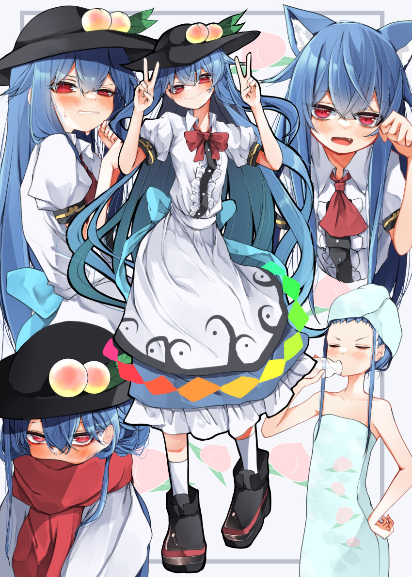 1girl absurdres animal_ears black_footwear blue_hair blue_skirt blush boots bottle buttons cat_ears center_frills closed_eyes closed_mouth collared_shirt double_v drinking fang food frilled_skirt frills fruit hair_between_eyes highres hinanawi_tenshi holding holding_bottle long_hair multiple_views open_mouth peach puffy_short_sleeves puffy_sleeves rainbow_order red_eyes red_scarf scarf shirt short_sleeves skirt touhou towel towel_on_head tsune_(tune) v white_shirt
