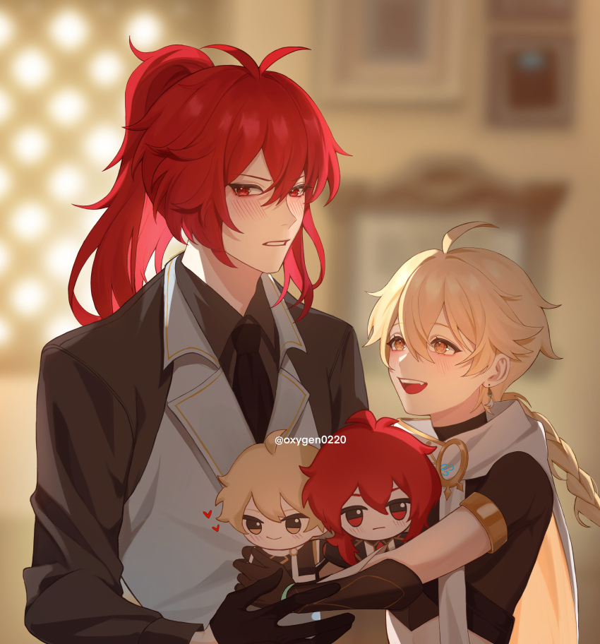 2boys absurdres aether_(genshin_impact) blonde_hair braid diluc_(genshin_impact) doll genshin_impact gloves hair_between_eyes highres holding jewelry long_hair long_sleeves male_focus multiple_boys open_mouth oxygen_(0220) ponytail red_eyes redhead shirt single_braid smile twitter_username vest yellow_eyes