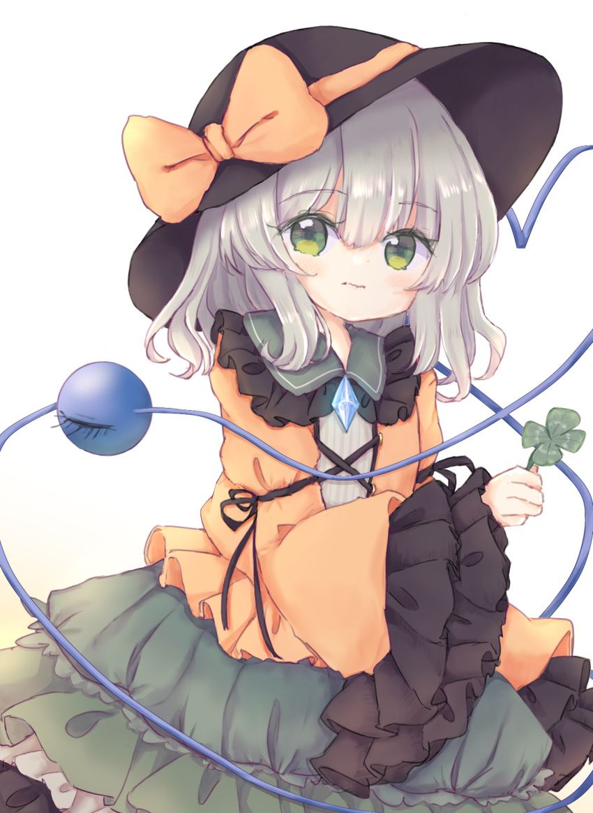 1girl bangs black_headwear blush bow clover eyebrows_visible_through_hair four-leaf_clover frilled_shirt_collar frilled_sleeves frills green_eyes green_skirt hat hat_bow heart heart_of_string highres holding holding_plant komeiji_koishi long_sleeves looking_at_viewer plant ribbon shirt sitting skirt solo third_eye touhou white_background wide_sleeves yellow_bow yellow_shirt yuzu_shino_(bon2rose)