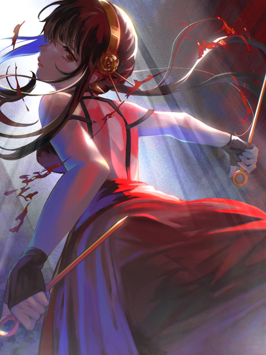 1girl absurdres back bare_shoulders blood brown_hair dress flower hair_flower hair_ornament highres holding holding_weapon inumantle knife long_hair looking_at_viewer looking_back red_dress red_eyes solo spy_x_family weapon yor_briar