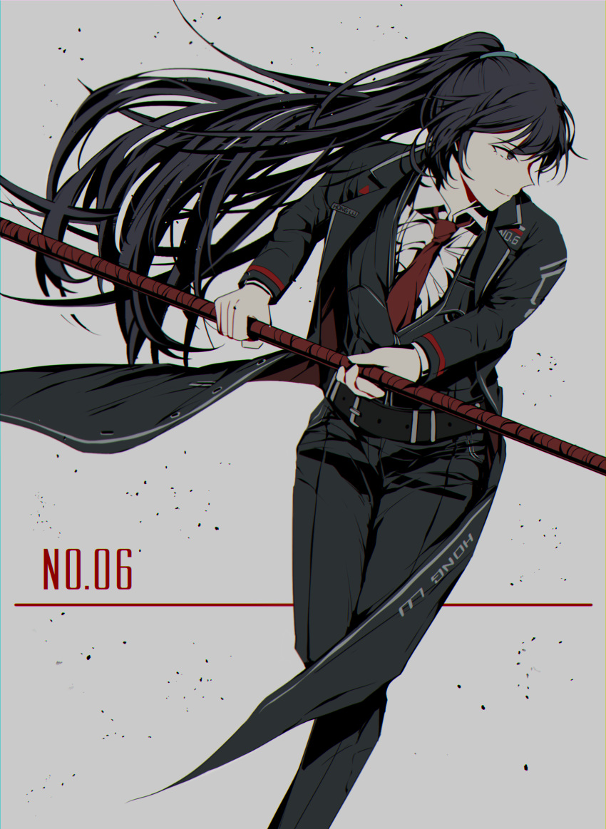 1boy absurdres black_hair formal highres holding holding_weapon hong_lu limbus_company long_hair long_sleeves necktie ponytail project_moon red_necktie shirt staff suit tractrix weapon white_background white_shirt