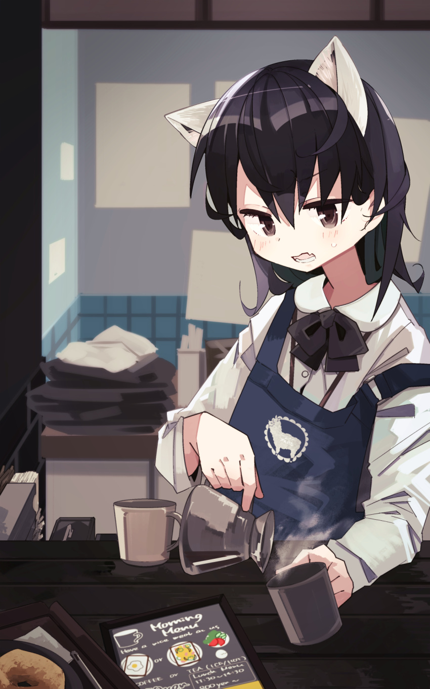 1girl alpaca alternate_costume animal_ears apron black_bow black_bowtie black_hair blue_apron blush bow bowtie brown_eyes coffee coffee_mug collared_shirt commentary common_raccoon_(kemono_friends) cup extra_ears eyebrows_visible_through_hair grey_hair highres kemono_friends long_sleeves menu mug multicolored_hair nanana_(nanana_iz) pouring raccoon_ears raccoon_girl shirt short_hair solo sweatdrop uniform white_shirt