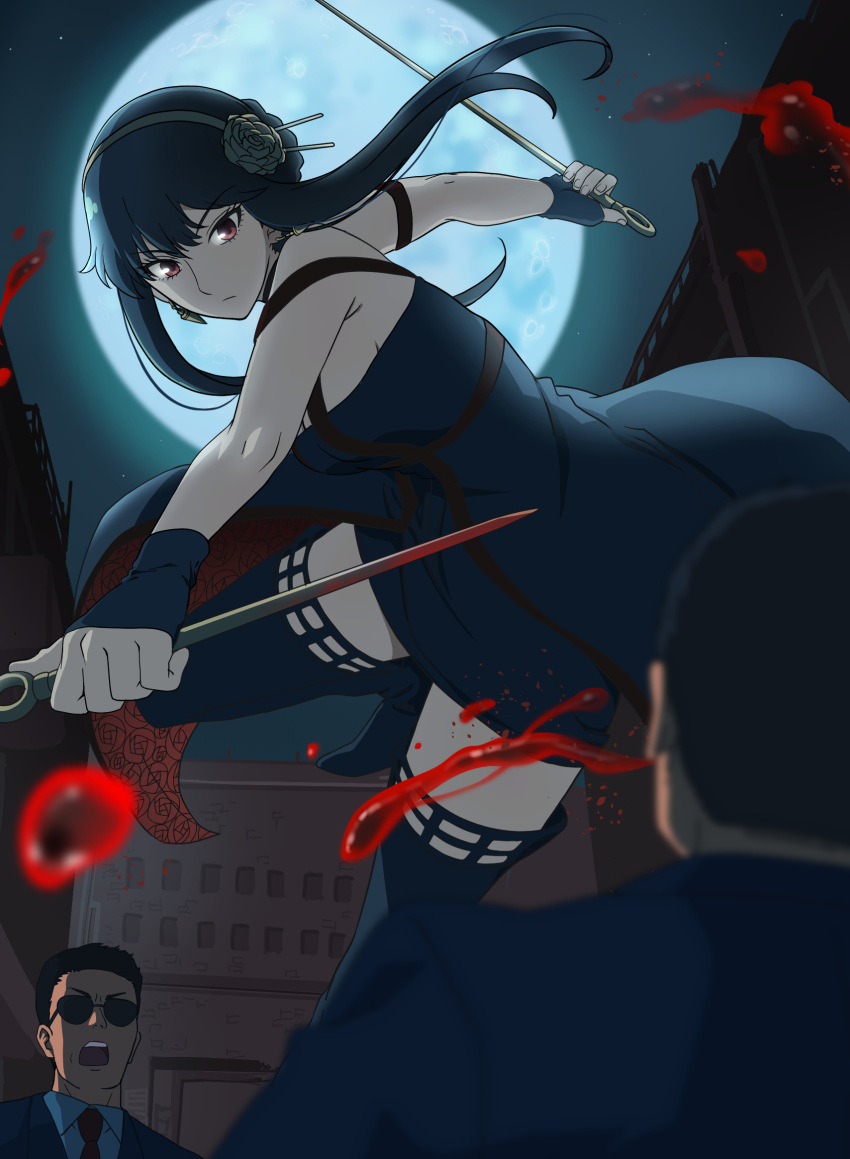1girl 2boys bare_shoulders black_dress black_gloves black_hair blood boots breasts dress earrings fingerless_gloves flower full_moon gloves hair_flower hair_ornament hairband highres holding holding_weapon jacket jewelry kanau large_breasts looking_at_viewer moon multiple_boys necktie open_mouth red_eyes red_necktie solo_focus spy_x_family sunglasses thigh-highs thigh_boots weapon yor_briar