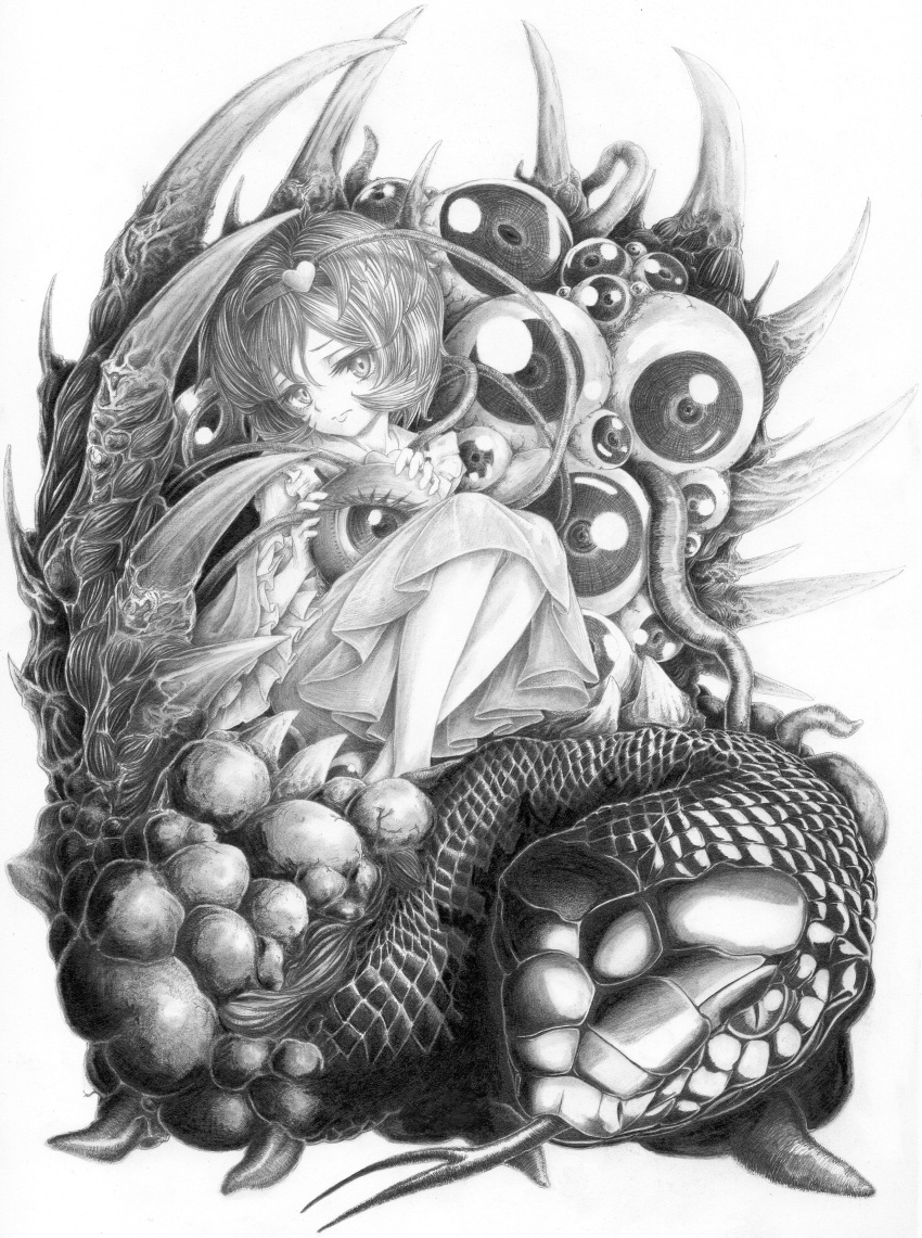 1girl :s absurdres blouse claws closed_mouth commentary eldritch_abomination eyeball frilled_shirt_collar frilled_sleeves frills full_body graphite_(medium) greyscale hair_between_eyes hair_ornament hairband heart heart_hair_ornament highres holding horror_(theme) komeiji_satori lips long_sleeves looking_at_viewer monochrome ribbon_trim sek-it shirt sitting skirt snake solo third_eye touhou traditional_media wide_sleeves