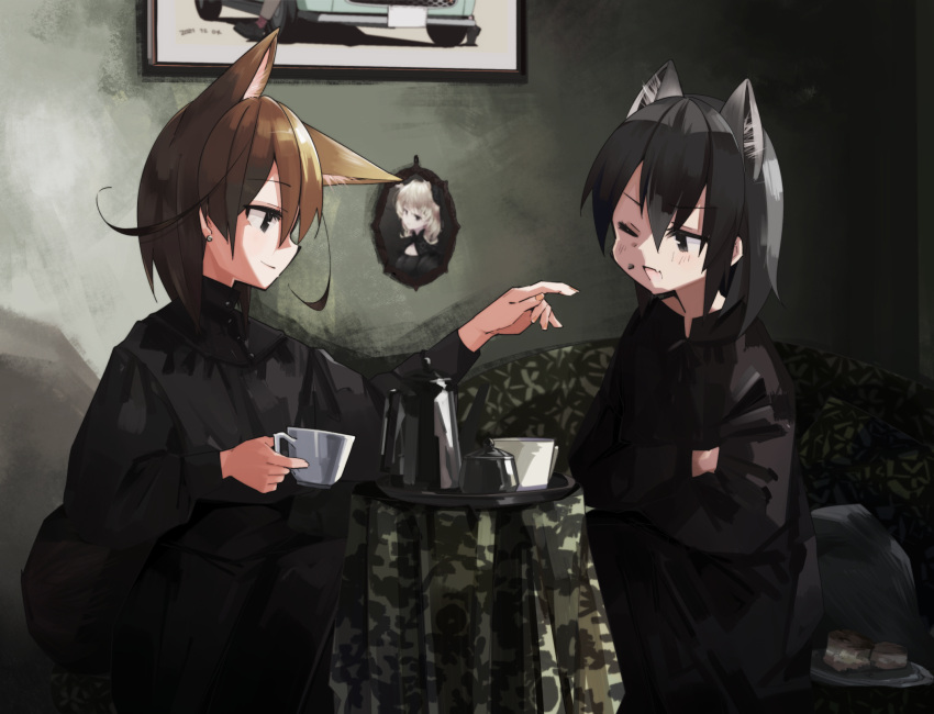 2girls alternate_costume animal_ear_fluff animal_ears bangs black_eyes black_hair brown_hair commentary common_raccoon_(kemono_friends) couch cup earrings extra_ears eyes_visible_through_hair fennec_(kemono_friends) food food_on_face fox_ears fox_girl hair_between_eyes highres holding holding_cup indoors jewelry kemono_friends light_smile long_sleeves looking_at_another multiple_girls nanana_(nanana_iz) one_eye_closed open_mouth outstretched_arm portrait_(object) raccoon_ears raccoon_girl raccoon_tail short_hair stud_earrings tail tray