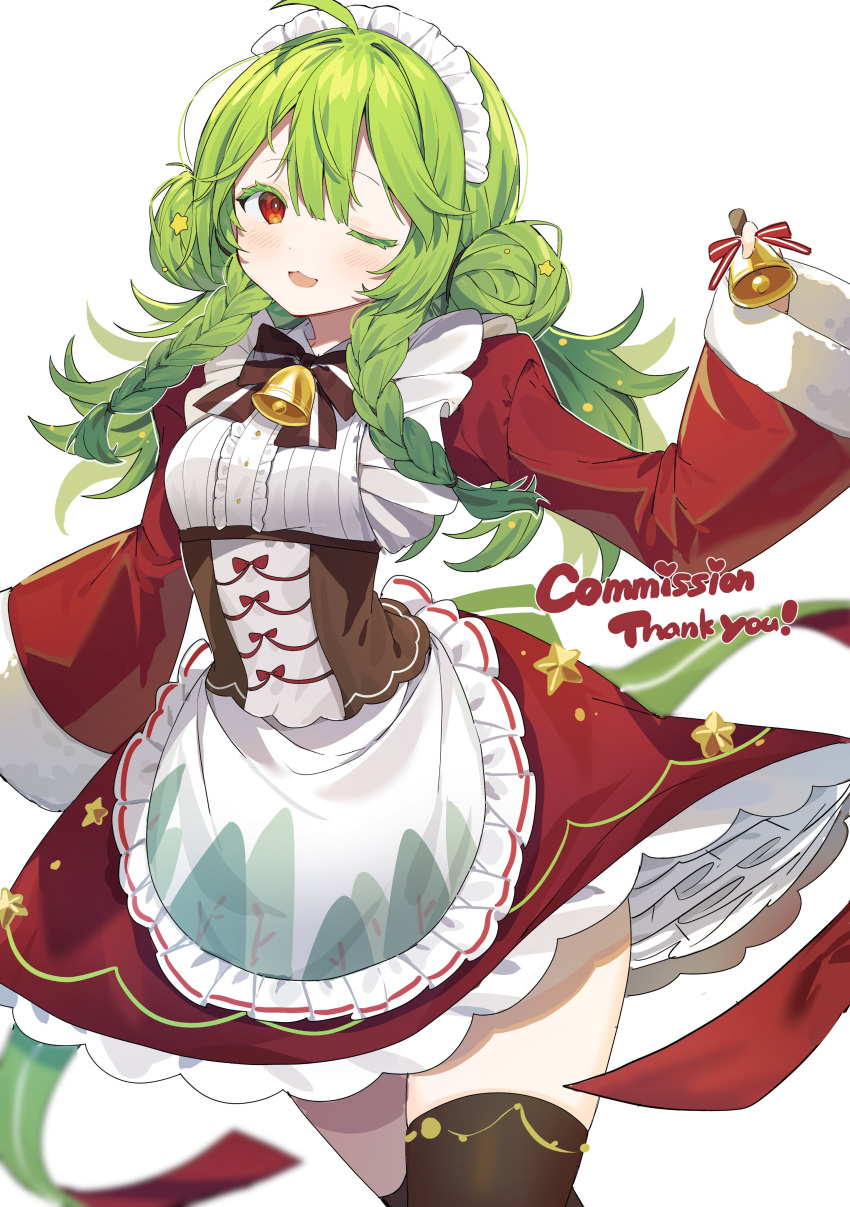 1girl absurdres ahoge apron bell blurry blurry_background blush bow braid bright_pupils brown_bow commission dot_nose double_bun dress frilled_apron frilled_dress frills fur-trimmed_sleeves fur_trim green_hair green_ribbon grey_background hair_between_eyes hair_bun hair_ornament heart highres holding holding_bell inu_(puputizy) light_green_hair long_hair maid maid_headdress neck_bell one_eye_closed open_mouth orange_eyes original red_bow red_dress red_ribbon ribbon simple_background sleeves_past_wrists solo star_(symbol) star_hair_ornament thank_you white_pupils