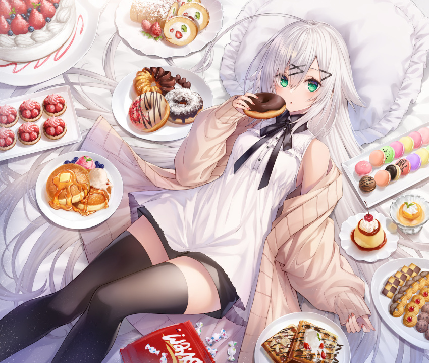 1girl absurdres black_legwear breasts brown_cardigan butter cake candy cardigan chabaneko cherry cookie cupcake doughnut dress food food_request fruit green_eyes highres holding holding_food long_hair lying macaron medium_breasts off_shoulder on_back open_cardigan open_clothes original pancake pastry pillow plate pudding short_dress short_shorts shorts sleeveless sleeveless_dress strawberry sweets swiss_roll syrup thigh-highs very_long_hair waffle white_dress white_hair
