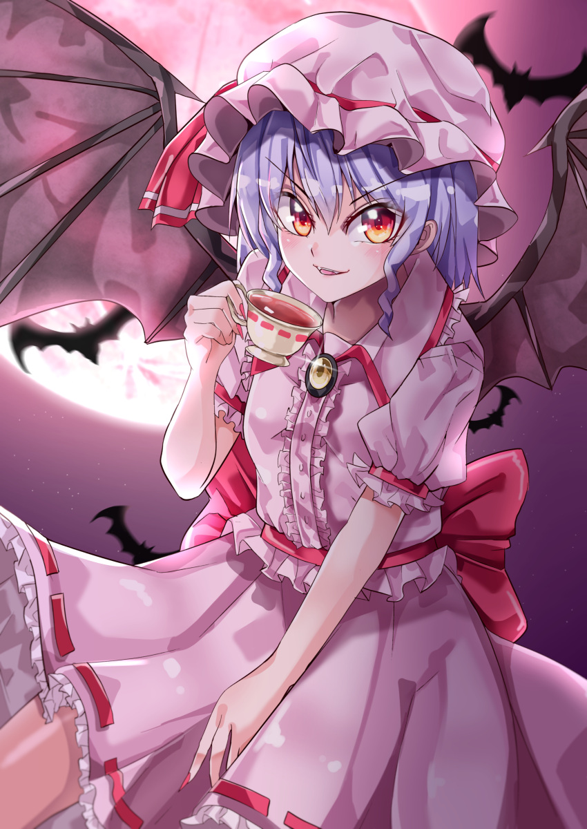 1girl absurdres back_bow bat bat_wings bow brooch buttons center_frills collared_shirt commentary_request cowboy_shot dress_shirt eyebrows_visible_through_hair fangs fingernails frilled_shirt frilled_shirt_collar frilled_skirt frilled_sleeves frills hair_between_eyes hat hat_ribbon highres jewelry looking_at_viewer maboroshi_mochi mob_cap moon nail_polish open_mouth orange_eyes outdoors pink_headwear pink_shirt pink_skirt puffy_short_sleeves puffy_sleeves purple_hair purple_sky red_bow red_moon red_nails red_ribbon remilia_scarlet ribbon ribbon-trimmed_skirt ribbon_trim sharp_fingernails shirt short_hair short_sleeves skirt solo touhou v-shaped_eyebrows wings yellow_brooch