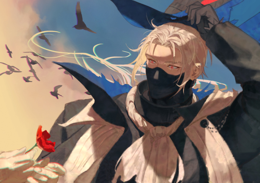 1boy absurdres arknights ascot bird black_headwear clouds flower highres holding holding_flower long_hair male_focus mask mouth_mask red_eyes red_flower rose shanguisantai sidelocks sky solo_focus ulpianus_(arknights) upper_body white_hair