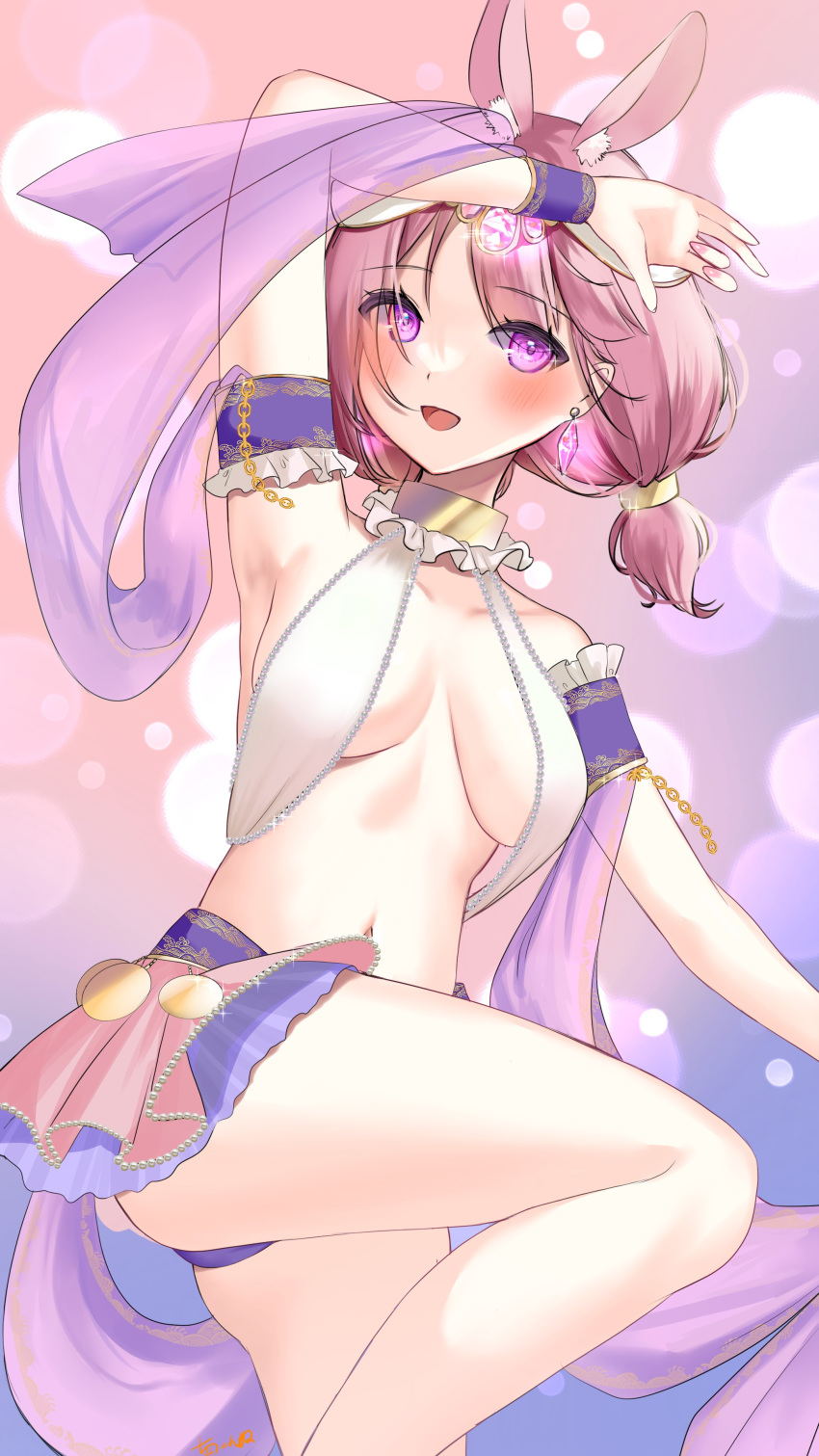 1girl absurdres animal_ears arm_garter arm_up armpits ass bare_shoulders breasts chan'nu earrings halterneck headdress highres indie_virtual_youtuber jewelry leg_up long_hair looking_at_viewer low_twintails medium_breasts microskirt midriff navel open_mouth panties pink_hair purple_panties rabbit_ears revealing_clothes skirt smile solo stomach thighs twintails underwear violet_eyes virtual_youtuber